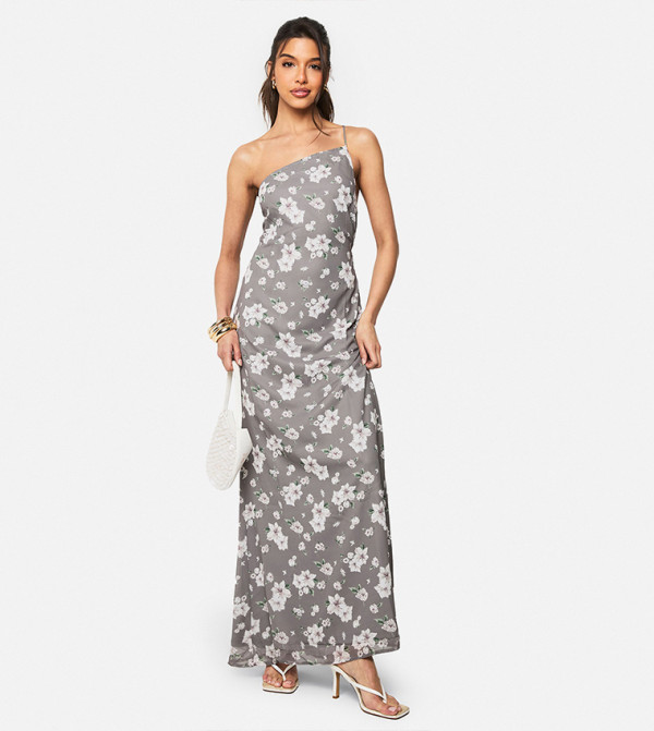 Floral Printed Asymmetric Shoulder Maxi Dress