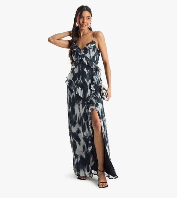 Abstract Crinkle Chiffon Ruffle Maxi Dress