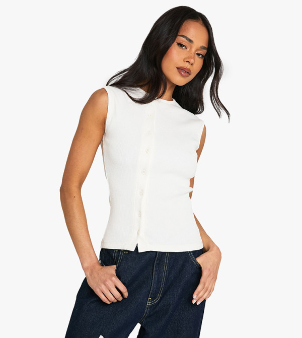 Heavy Ribbed Button Through Sleeveless Top