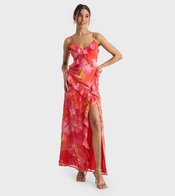 Floral Crinkle Chiffon Ruffle Maxi Dress