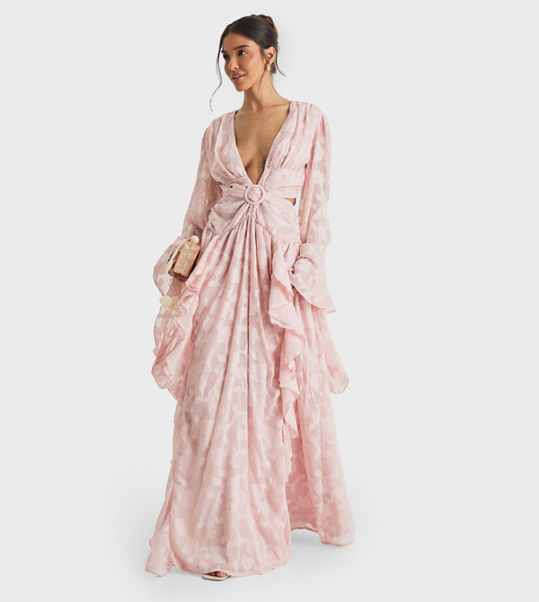 Textured Split Cut-Out Detail Maxi Dress