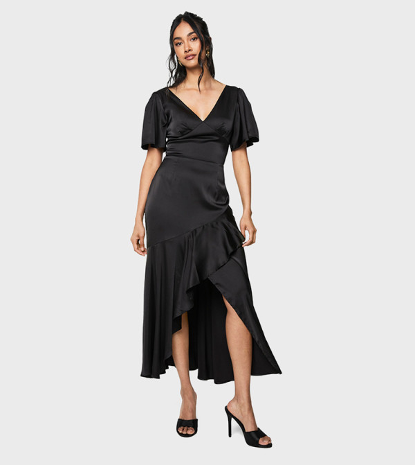 Solid Flared Sleeves Satin Midaxi Dress
