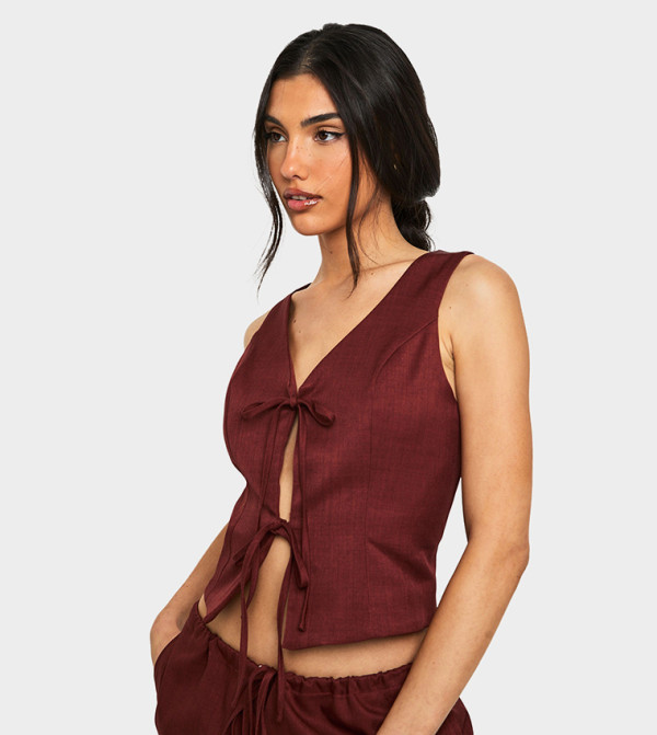 Linen Look Tie Front Crop Top