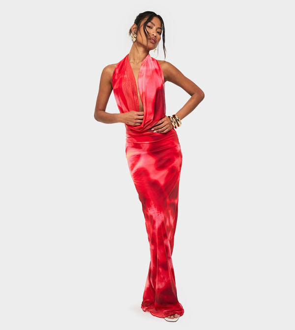 Floral Halterneck Mesh Maxi Dress