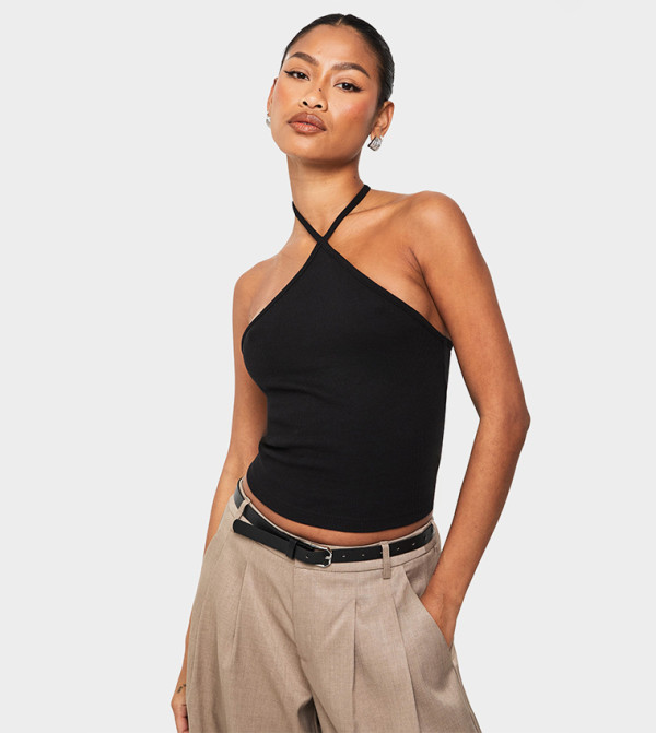Ribbed Strappy Halterneck Crop Top