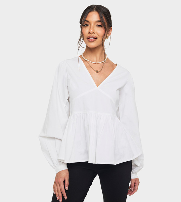 Cotton Poplin Balloon Sleeves Peplum Top