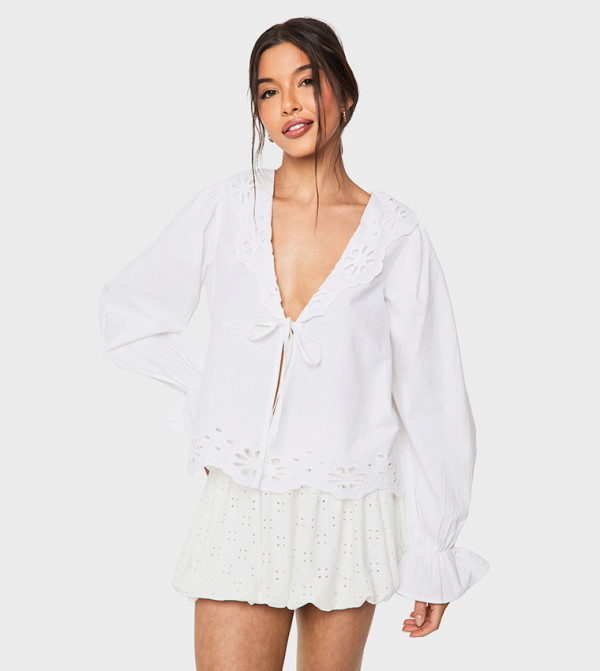 Cutwork Broderie Tie Front Top