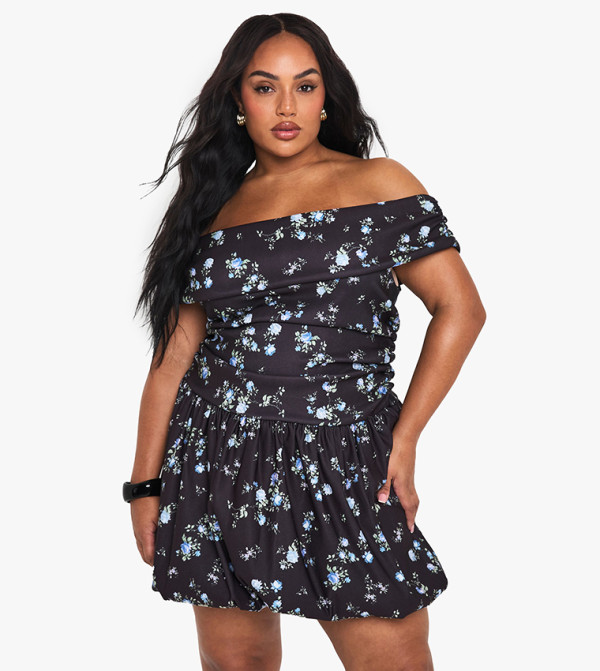 Curve Ditsy Bengaline Bardot Puffball Mini Dress