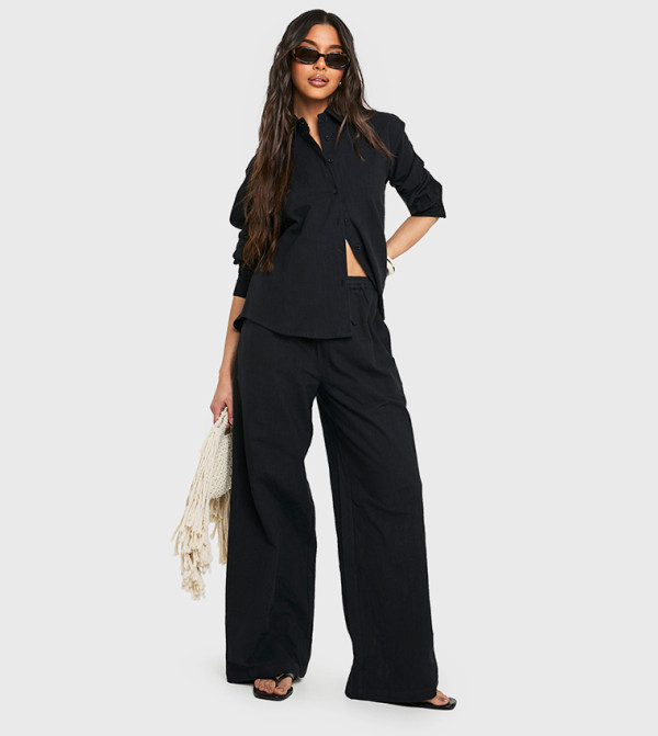 Linen Look Drawstring Wide Leg Trousers