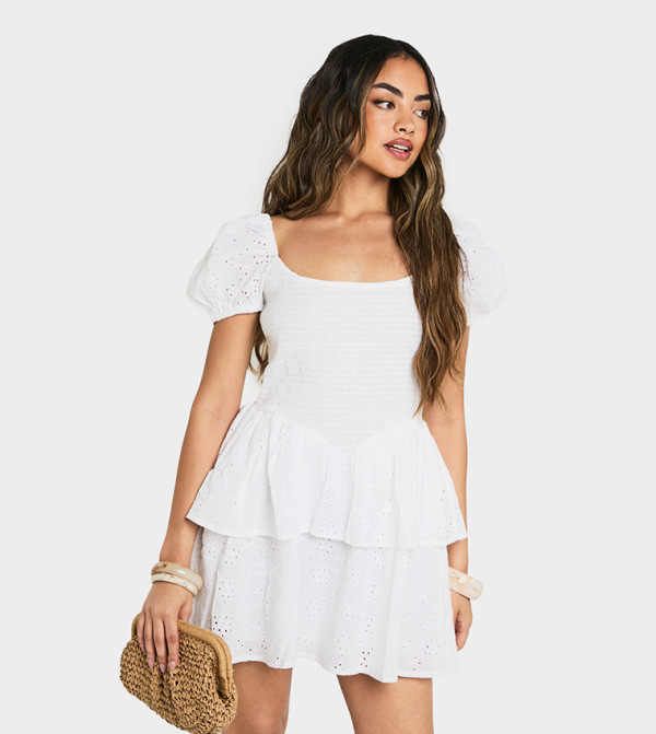 Broderie Anglaise Puff Sleeves Layered Mini Dress