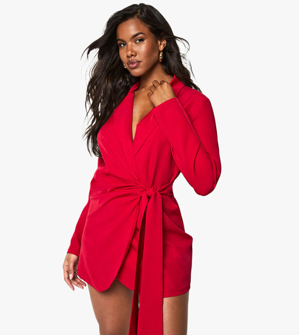 Linen Look Wrap Drape Front Tailored Blazer Dress