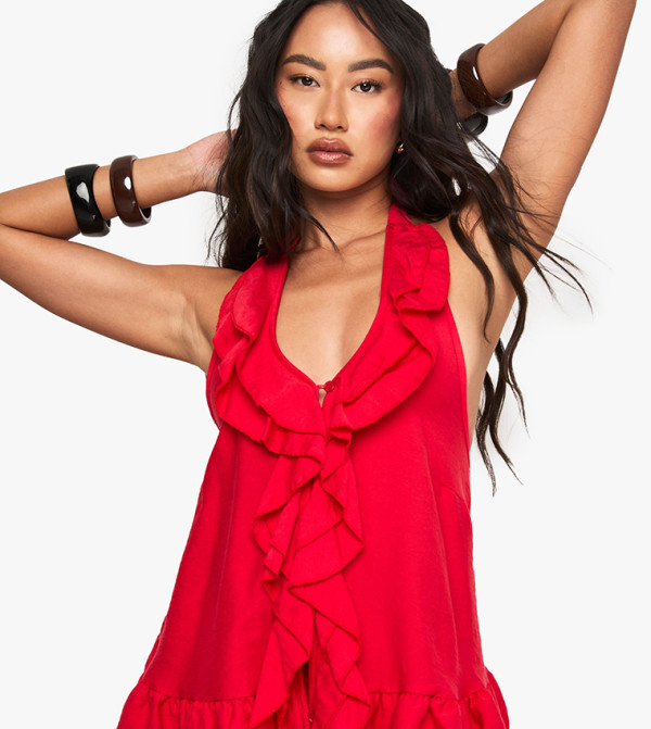 Woven Crinkle Ruffle Button Top