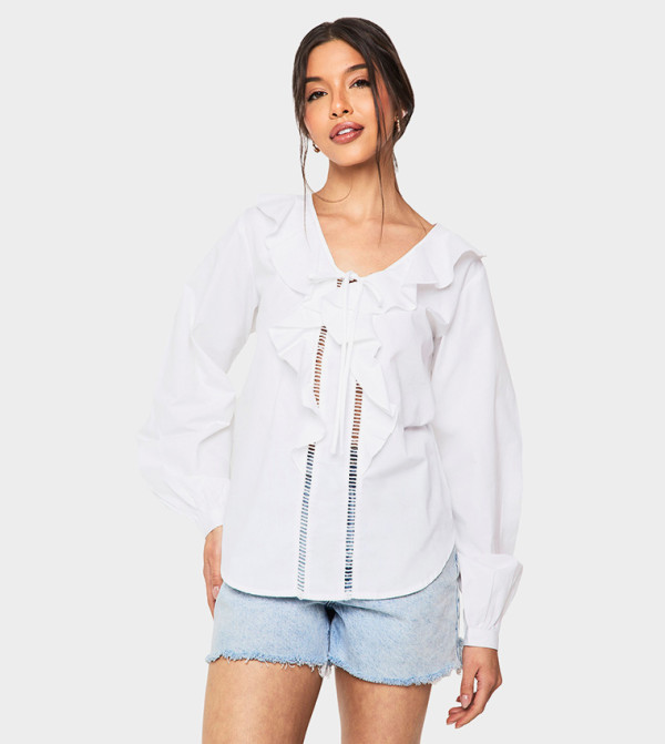 Ruffle Cutwork Trim Long Sleeves Top