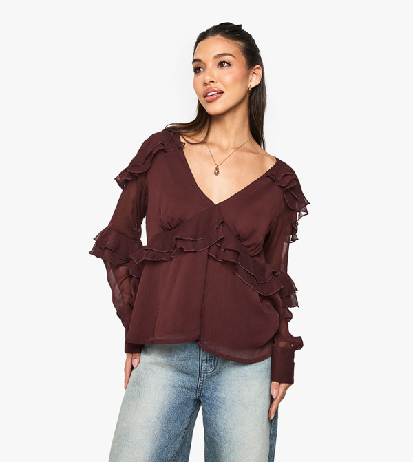 Ruffle Chiffon Long Sleeves Top