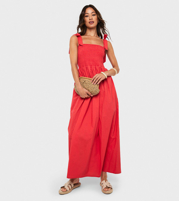 Tall Tie Strap Shirred Poplin Maxi Dress