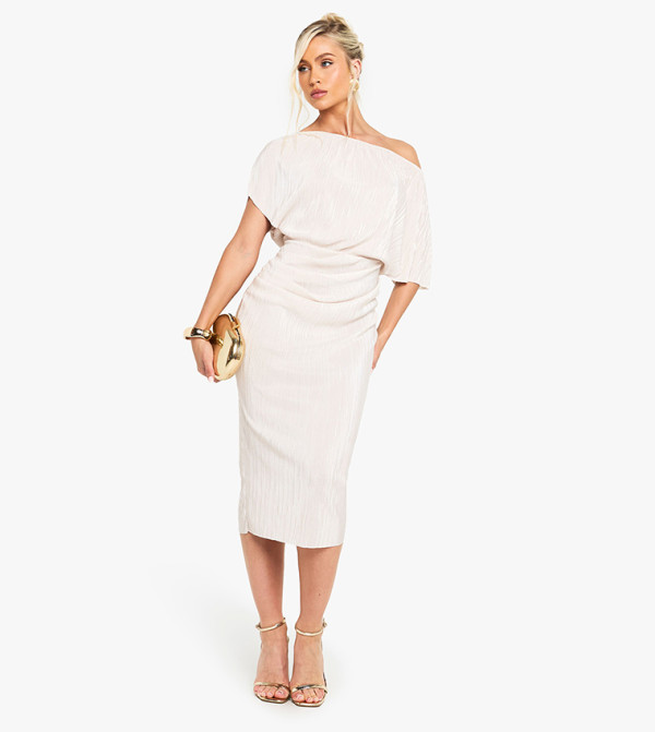 Plisse Off Shoulder Midi Dress