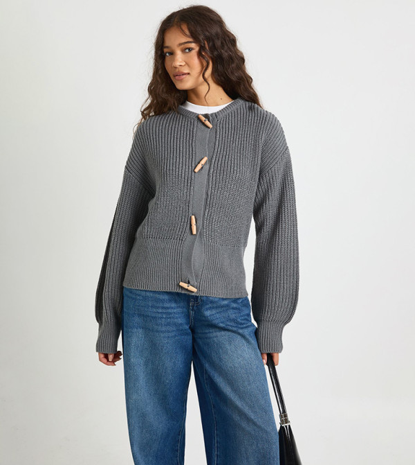 Toggle Button Crew Neck Knit Cardigan