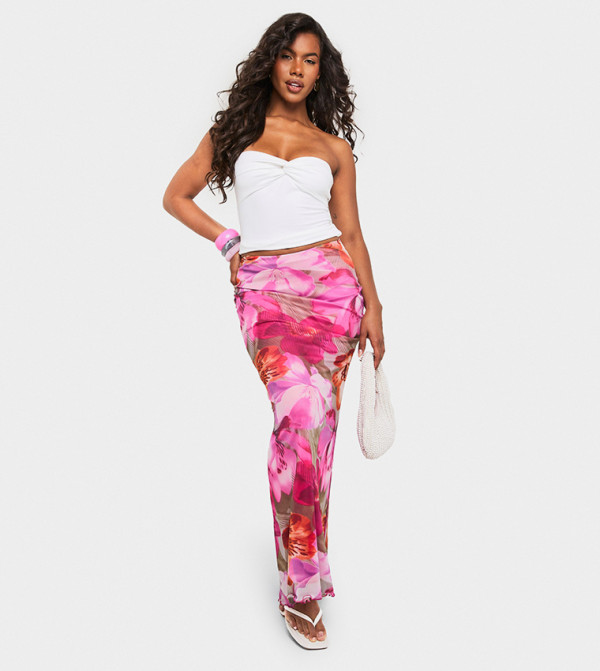 Floral Printed Mesh Maxi Skirt