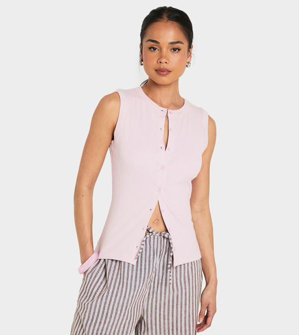 Ribbed Button Front Sleeveless Top