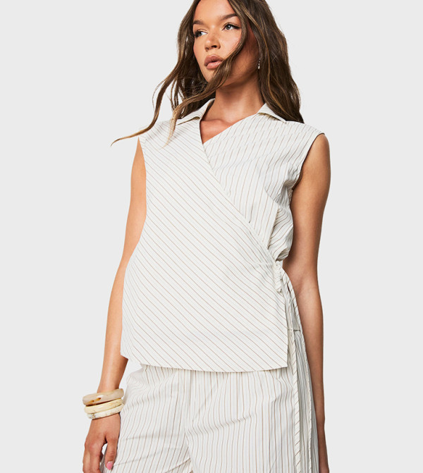 Striped Collared Wrap Sleeveless Shirt