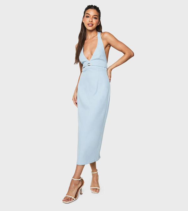 Tailored Buckle Detail Halter Neck Midi Dress