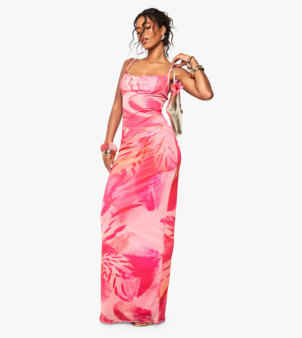 Mesh Floral Cowl Maxi Dress