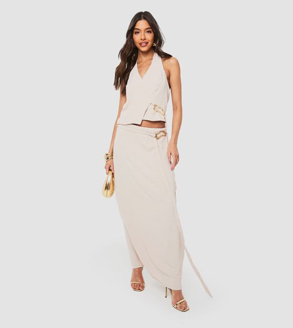 Gold Buckle Tie Detail Maxi Skirt