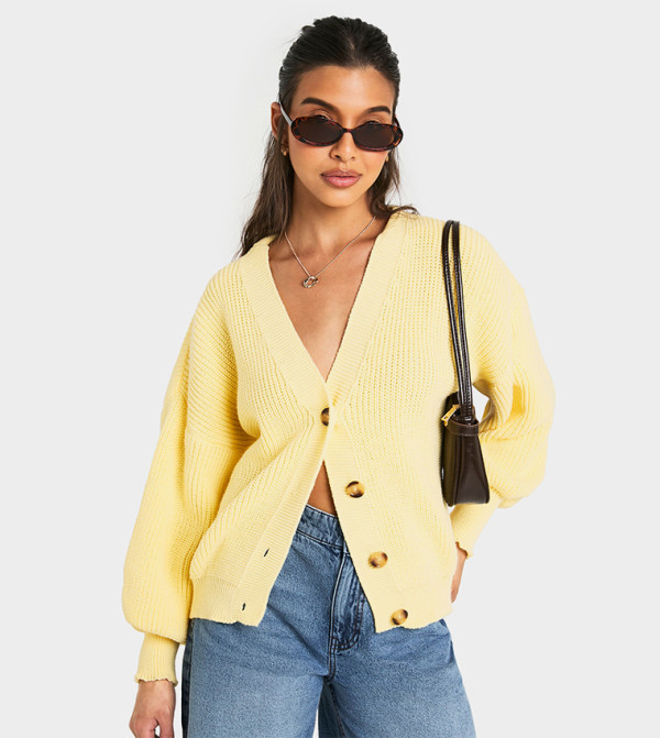 Ribbed Balloon Sleeves Button Through Cardigan