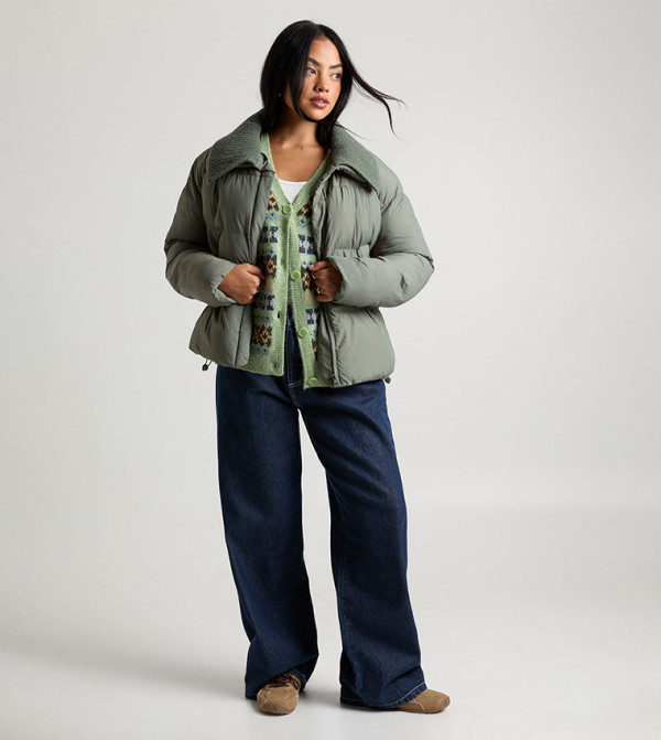 Contrast Rib Collar Puffer Jacket