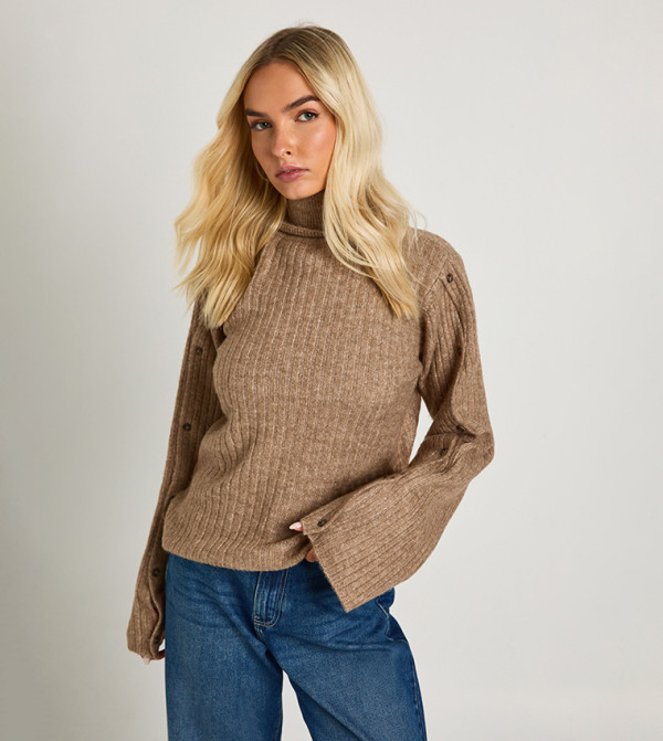 Super Soft Flared Sleeves High Neck Knitted Sweater