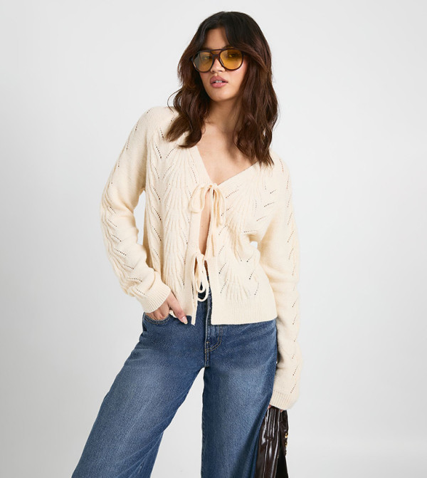 Pointelle Detail Tie Front Cardigan