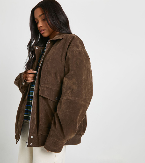 Faux Suede Long Sleeves Oversized Jacket
