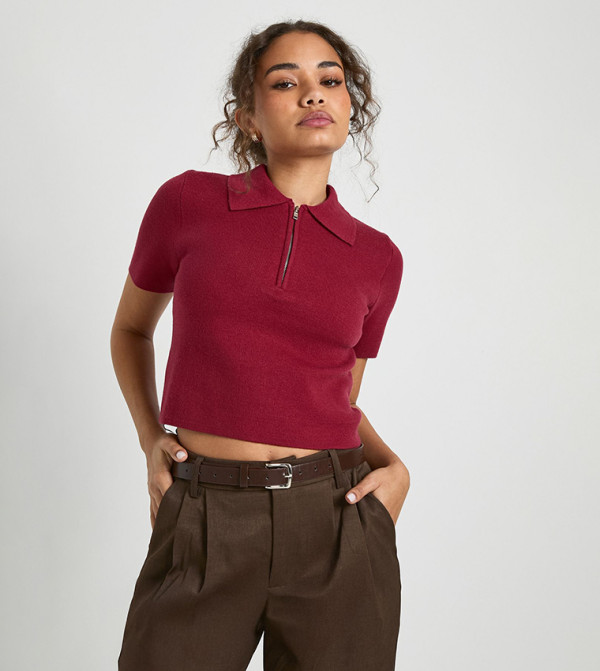 Zip-Through Short Sleeves Knit Polo T-Shirt