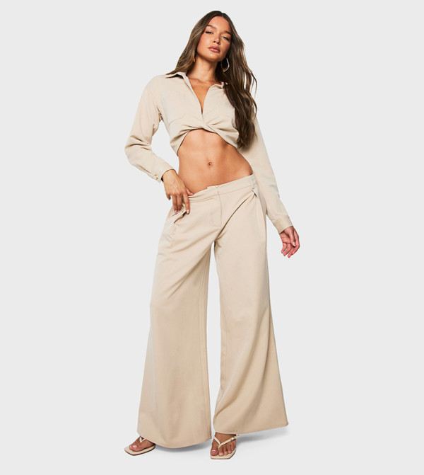 Linen Look Pleated Detail Wide Leg Trousers