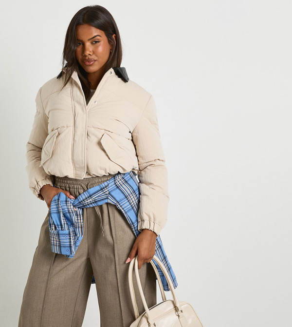 Padded Contrast Collared Puffer Jacket