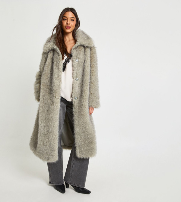 Collared Button Up Midaxi Fur Coat