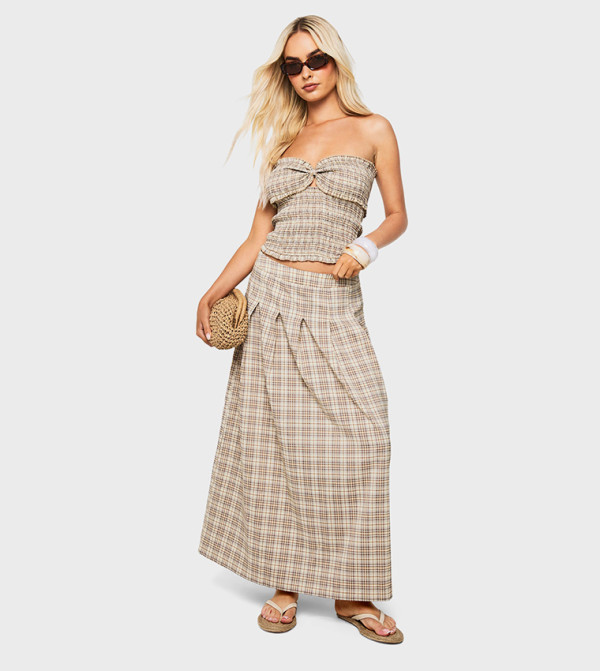 Check Pleated Split Maxi Skirt