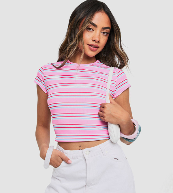 Striped Ribbed Cap Sleeves Crop T-Shirt