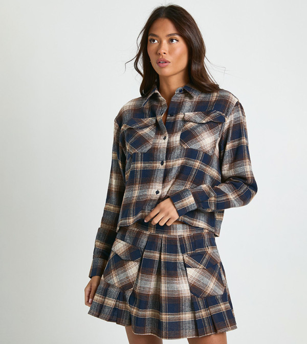 Check Print Longline Boxy Crop Shirt