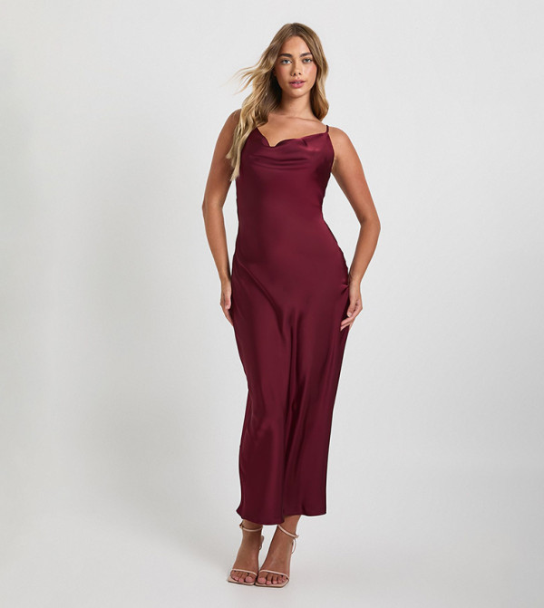 Satin Open Back Cinched Slip Midi Dress