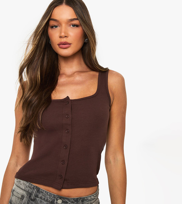 Ribbed Button Through Square Neck Crop Top
