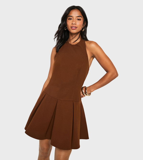 Petite High Neck Pleated Mini Dress