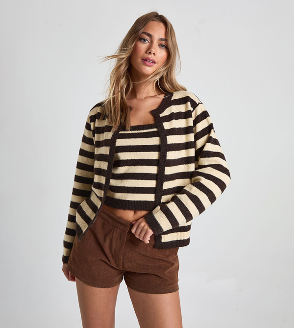 Striped Knitted Boxy Fit Cardigan and Crop Top Set