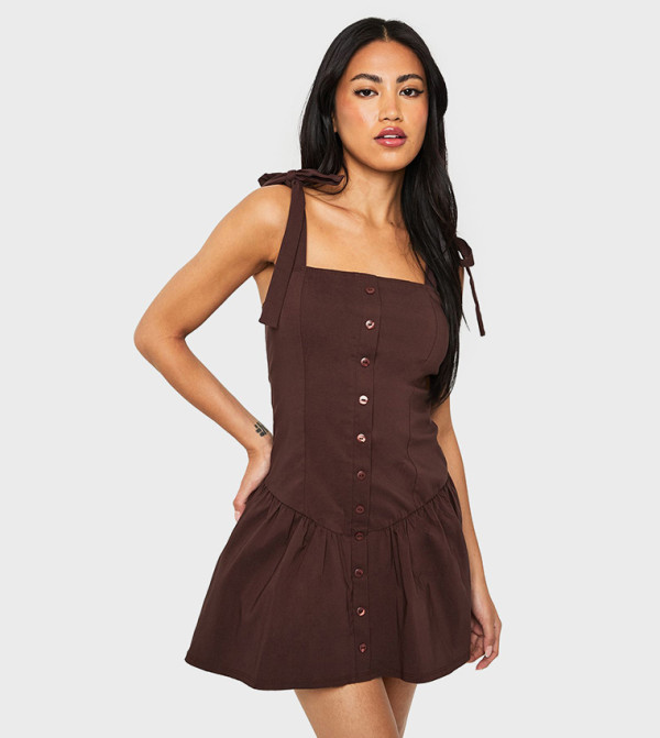 Button Through Dropped Waist Mini Dress