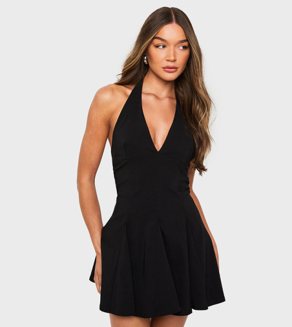 Solid Halterneck Pleated Skater Mini Dress