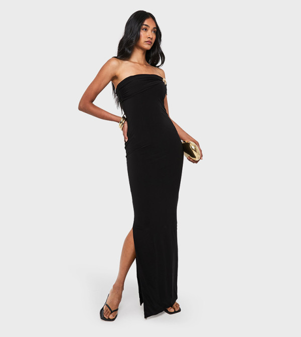 Solid Bandeau Gold Trim Maxi Dress