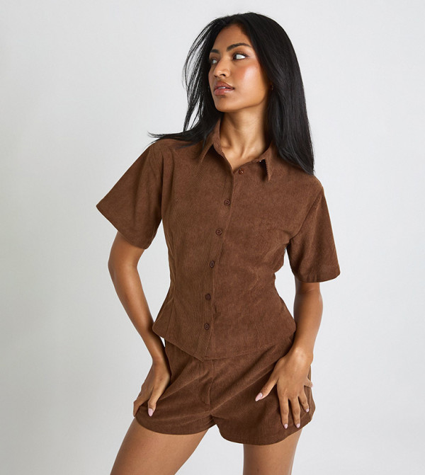 Cord Short Sleeves Fitted Shirt