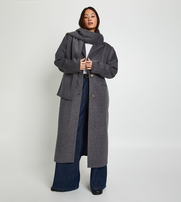 Tall Wool Look Coat with Scarf