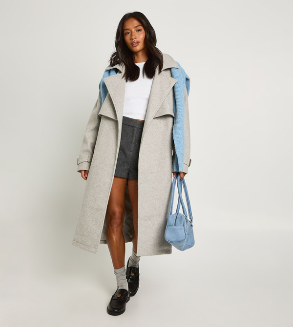 Petite Belted Wool Look Oversized Trench Coat