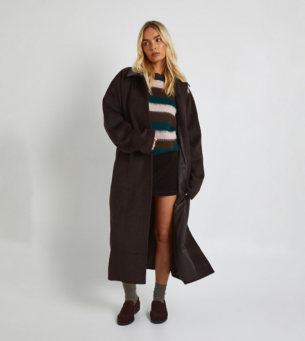 Tall Faux Leather Collar Wool Look Coat